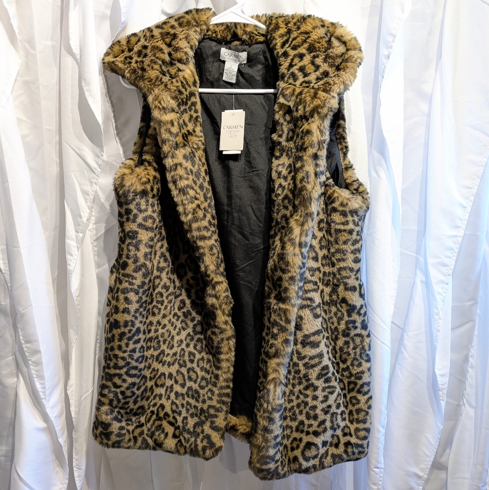 B2 Carmen Marc Valvo Animal Print Faux Fur Vest Sz Large NWT